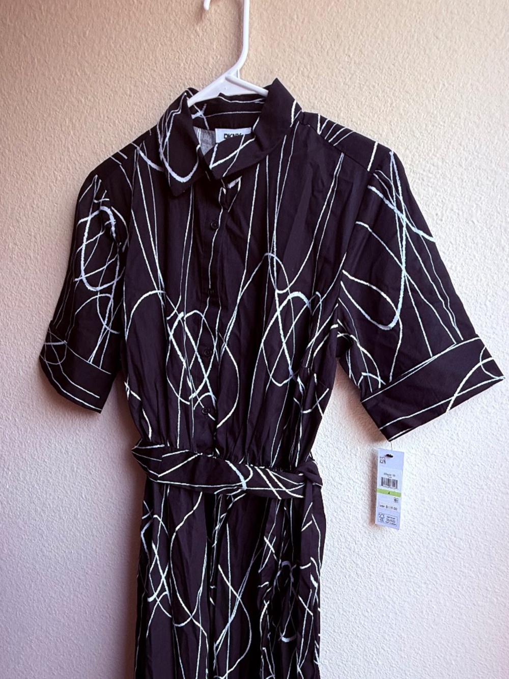 NWT DKNY Women's Black White Abstract Cotton Midi Shirt Dress Size 4 - Picture 4 of 15